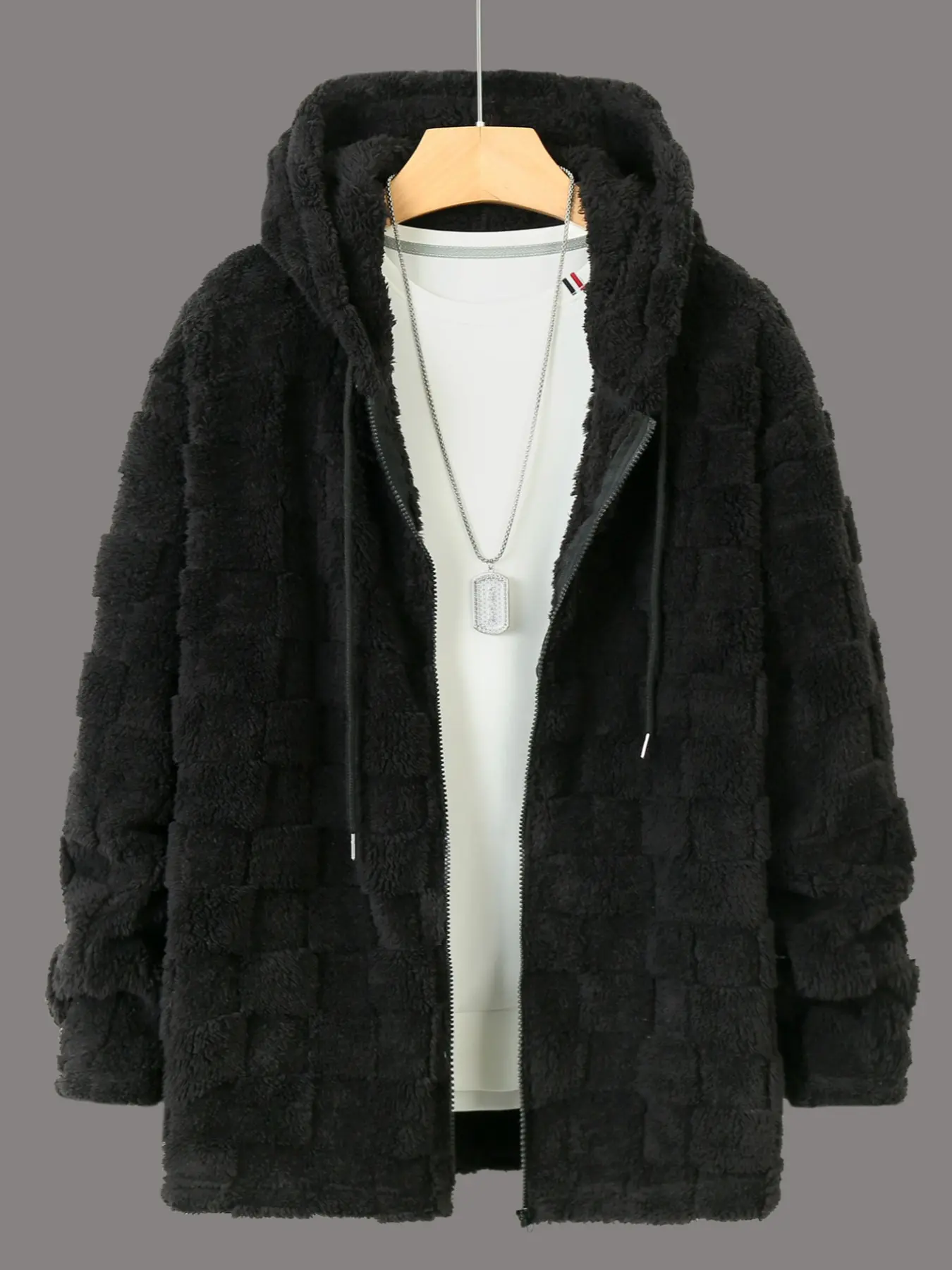 Men's autumn and winter solid color plush plaid coat, hooded full zipper design, soft and warm plush fabric, suitable for single wear or inner in autumn and winter, daily street, home leisure and other scenes, men's autumn and winter essential coat.