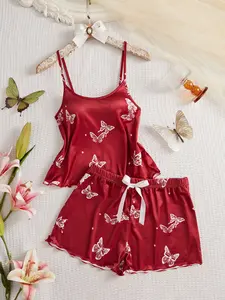 Women's Elegant Chic Butterfly Print Ruched 2-Piece Set, Cami Spaghetti Strap Top and Shorts, Comfortable Home Sleepwear Loungewear, All Seasons Fitted Design, Womenswear