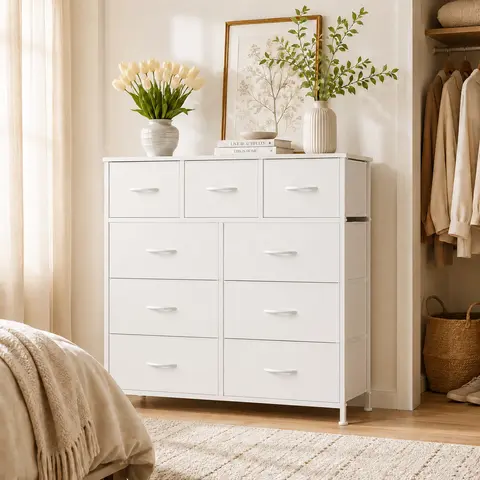 9-Drawer Dresser, Storage Unit Organizer Chest for Clothes, Tall Dresser&Chest for Bedroom, Hallway, Living Room, Dorm - Steel Frame, Wood Top