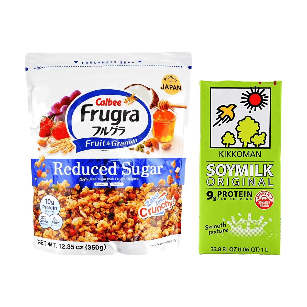 Calbee Frugra Reduced Sugar Fruit Granola Cereal 350g + Kikkoman Original Soy Milk 1L - Healthy Japanese Breakfast Bundle