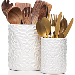 Large 7.3"+5.4" Engraved Ceramic Utensil Holder for Countertop, Cooking Utensils Organizer for Spatula, Large Utensils Crock for Kitchen Counter, Kitchen Decor, set of 2, White