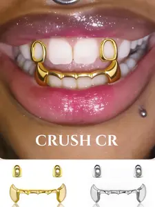 CRUSH CR 18K Gold Plated Open Face Vampire Style Grillz Set for Women and Men, Removable, Perfect for Hip Hop Concerts, Streetwear Fits, Halloween Parties and Urban Street Style, Durable Tarnish-Resistant Plating, Ideal Bling Dental Jewelry Tooth Gems