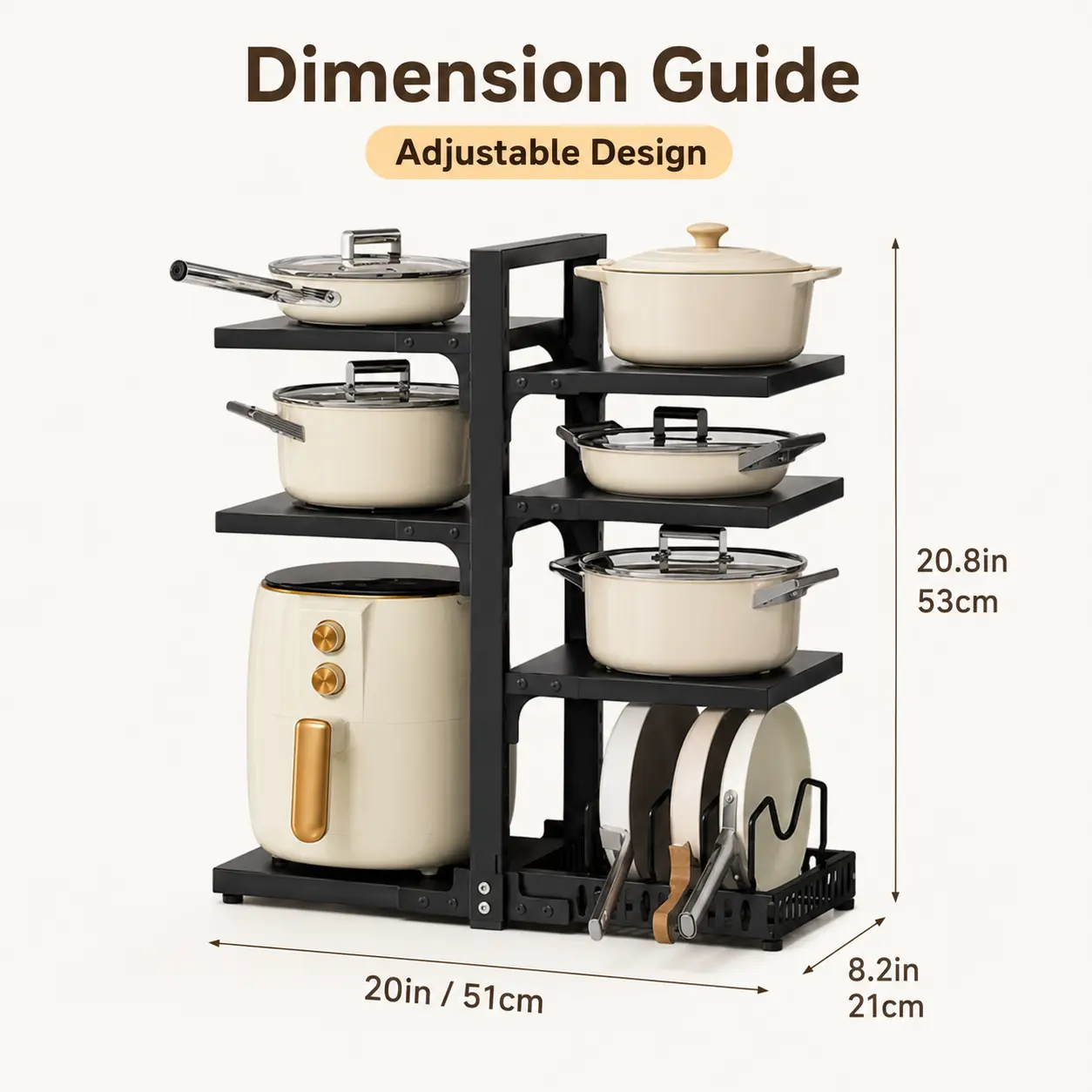 Adjustable Pot and Pan Organizer Rack, Double-Sided Multi-Tier Cookware Storage Shelf with Lid Holder, Kitchen Cabinet Organizer for Pots, Pans and Bakeware