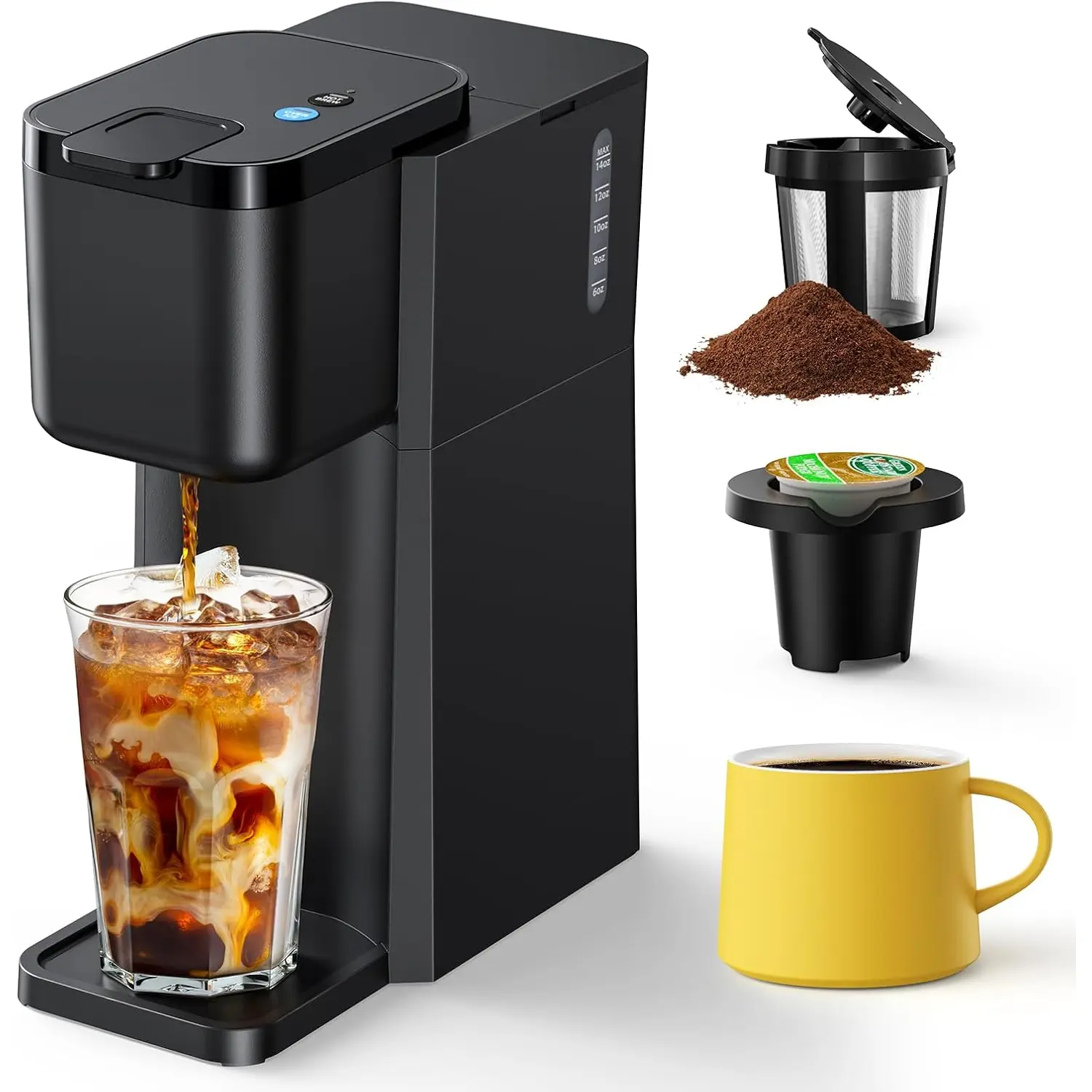 Mini Hot and Iced Coffee Maker Single Serve, for K Cup and Ground, 6 to 14 Oz Brew Sizes, with Recipe Book, for Home, Travel, RV, Office and Dorm, Classic Black (2.0 Version)