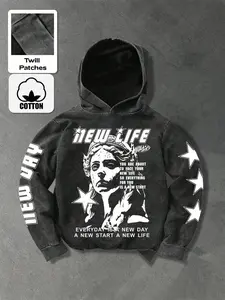 Men's Hooded Sweatshirt Long Sleeve with Star Graphic Print, Vintage Wash Cotton, Casual Fitted Style, Fall & Winter Fashion, Comfortable Daily Wear