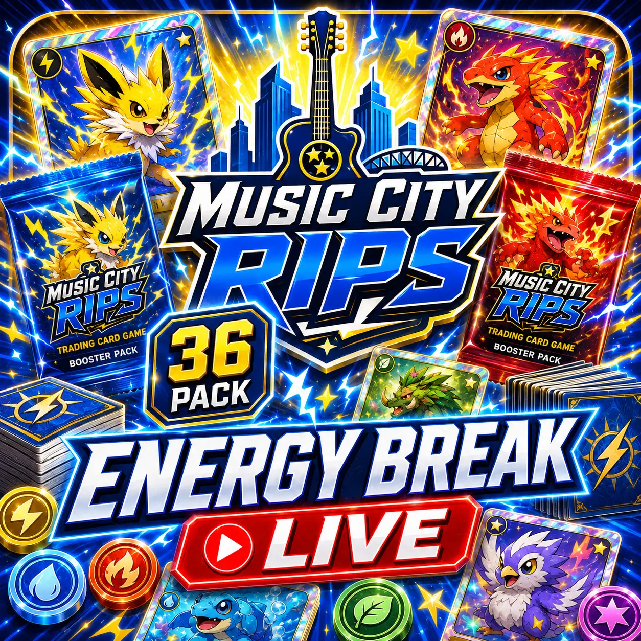 Music City Rips Live Energy Break Mixer - 36 Packs. 18 Black Bolt and 18 White Flare Booster Pack Break