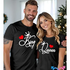 Valentine's Day Couple Style Short Sleeve T-Shirt with Couple Elements Print, Versatile and Fashionable