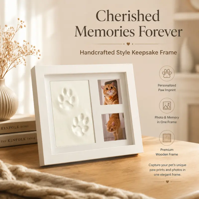 Pet Paw Print Keepsake Frame, Dog & Cat Pawprint Memory Holder, Wooden Pet Photo & Imprint Frame for Forever Memories