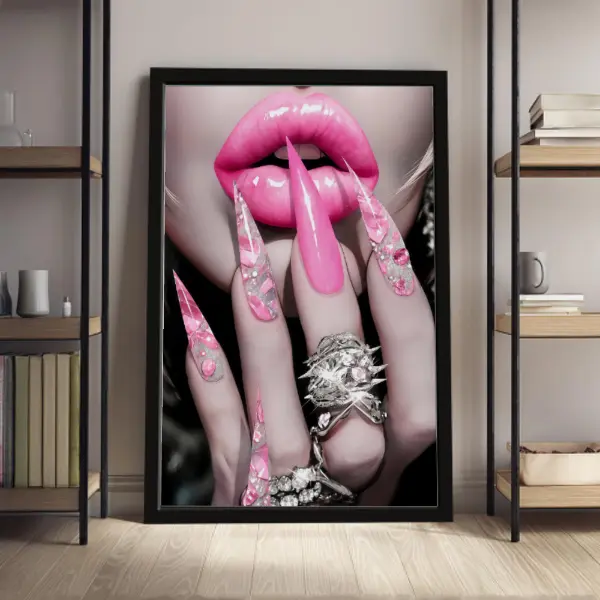 Dreamy Pink Lips and Nails Framed Canvas Art Poster - Fashion-Themed Dopamine Ready-to-Hang Canvas Print, Blush Pink Home Decor for Bedroom, Living Room, Gift for Fashion Lovers (Demon Slayer Toilet Design)