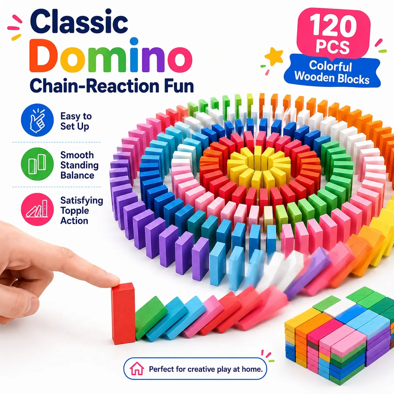 120 Pcs Colorful Wooden Domino Blocks Set Tile Bulk Building Racing Stacking Games Educational Toys for Kids Birthday Party Favor High-Quality Material, Smooth Surface, Ideal for Chain Reaction Challenges, Creative Designs, Team Building Family Fun Game