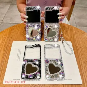 Heart Mirror Full Diamond Foldable Case for Samsung ZFlip3/4/5 | Purple/Silver/Black Multi-Colors + Heart Mirror + Full Iridescent Rhinestones + Lanyard | Shockproof Scratch-Resistant | Outing Makeup Sweet Cool Sparkling Practical Style