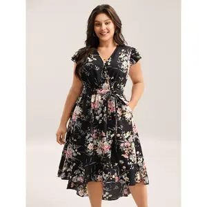 BLOOMCHIC Plus Size Midnight Blooms Wrap A-Line Midi Dress [M–6X], 2026 Summer Vibes