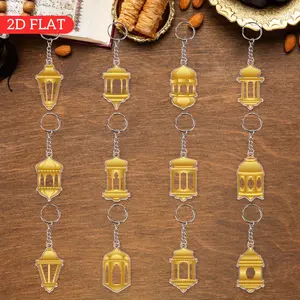 12pcs 2D Flat Eid Al Adha Mubarak Acrylic Keyring Packs Mubarak Hanging Keychain Pendant Ramadan Party Decorations Moon Star Design Keyring Set Gift for Friend Family