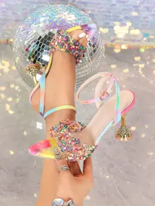 Women's Tie Dye Stiletto Heel Sandals, Prom Sandals, Colorful Rhinestone Design, Fashion Pointed Toe, Elegant Metal Plated Heel, Summer Party Shoes