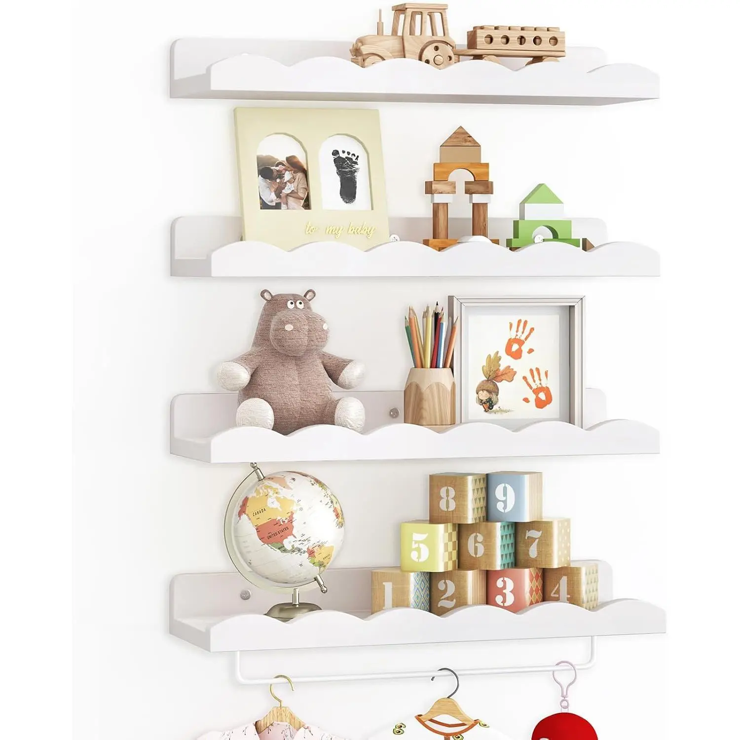 White Natural Wood Nursery Floating Shelves - 16.5in Set of 4 Scalloped Wall Storage with Towel Rack, Easy-Installation Home Decor for Kids' Room (Home Supplies Hooks & Shelves), Shelf