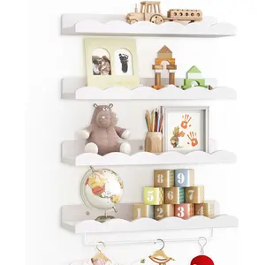 White Natural Wood Nursery Floating Shelves - 16.5in Set of 4 Scalloped Wall Storage with Towel Rack, Easy-Installation Home Decor for Kids' Room (Home Supplies Hooks & Shelves), Shelf