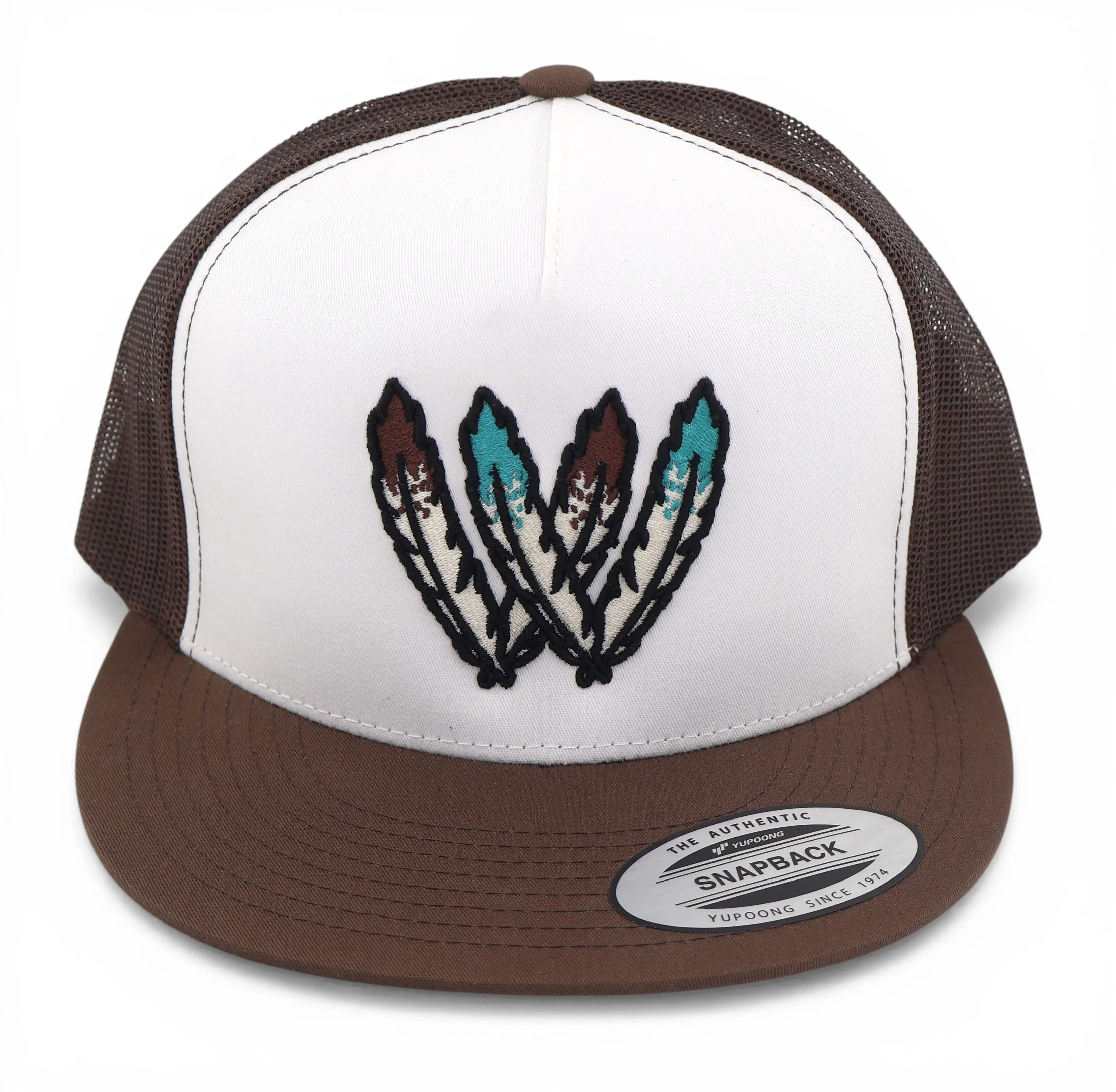 Feathers Embroidered Flat Bill Hat - White Front with Black & Blue Feathers, Dark Brown Mesh Back, Casual Style