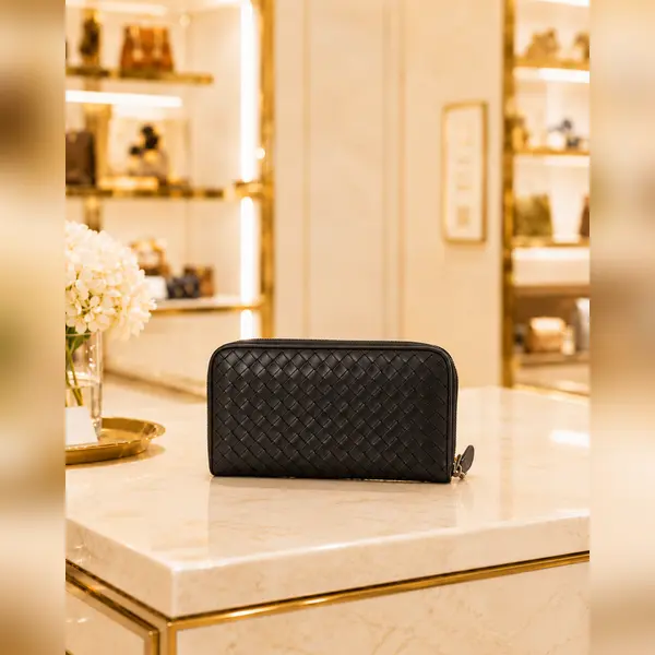 Pre-owned BOTTEGA VENETA fance Clutches & Wristlets Intrecciato Woven Leather Zip Around Wallet Black LA22929154