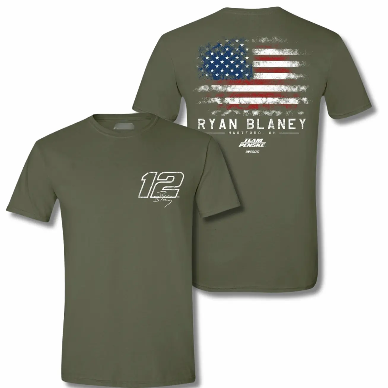 Ryan Blaney 2025 Military Green Flag Shirt, Team Penske NASCAR #12 Tee, USA Patriotic Racing Shirt for Men Fans – Limited Edition