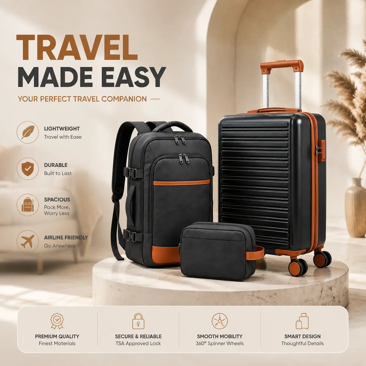 Sweetcrispy 3-Piece Luggage Set - ABS Hardshell 20-Inch Carry-On Spinner Suitcase with TSA Lock, 40L Backpack, Toiletry Bag for Air Travel, Back to School, Luggage Sets