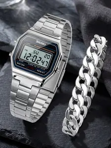 Skmei Retro Classic Quartz Digital Watch for Men and Women, Stainless Steel Strap, 30m Waterproof Wrist Watch, Clock Timer Glow-In-The-Dark, Casual Style