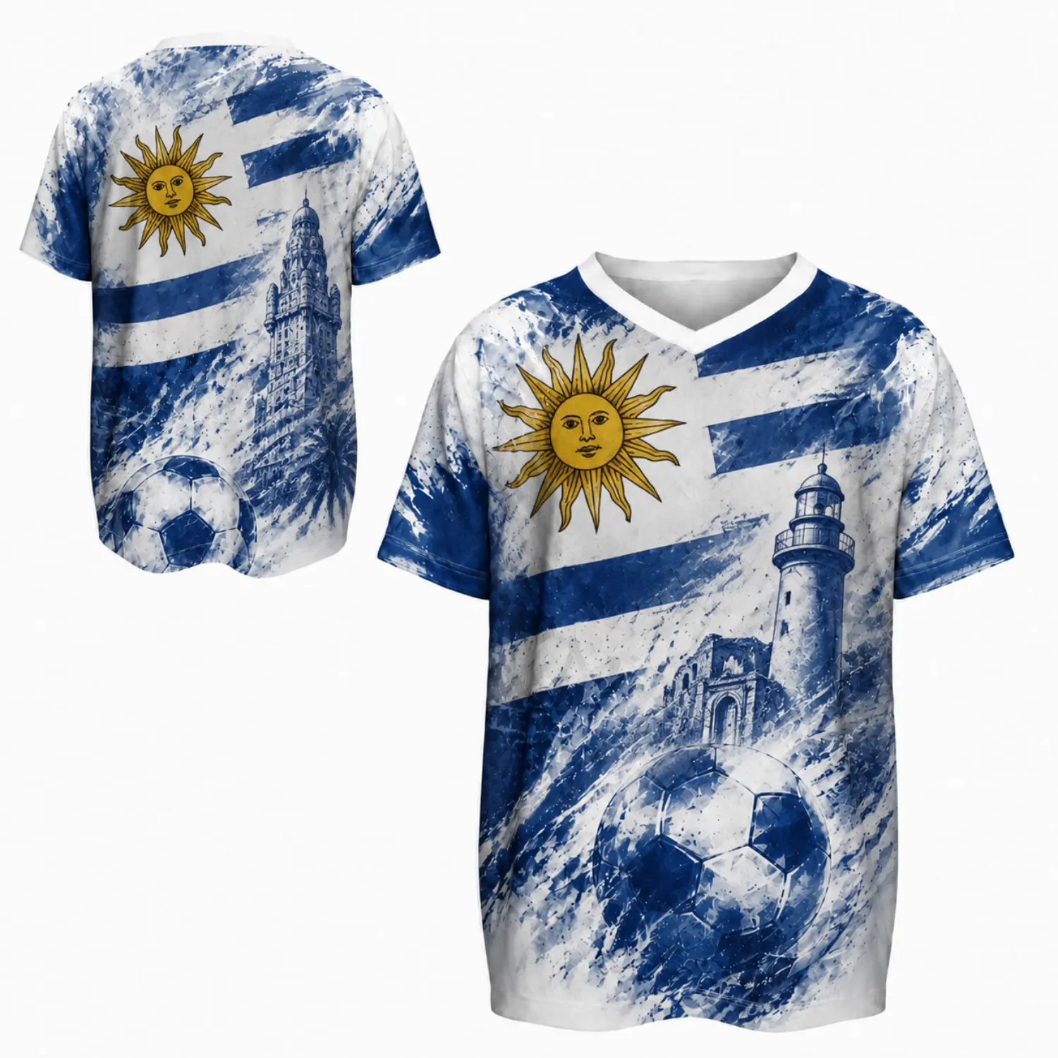 Uruguay Flag-Inspired V-Neck Football Jersey, Blue and White Sports Shirt with Sun, Lighthouse & Soccer Ball Design for Fans & Enthusiasts