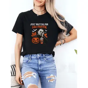 Just Waiting for Halloween Graphic T-Shirt - Unisex Casual Short Sleeve Tee with Jack-O'-Lantern & Pumpkin Design, Breathable Round Neck, Perfect for Summer, Halloween, and Casual Attire, Ideal Gift for Men and Women, Halloween T
