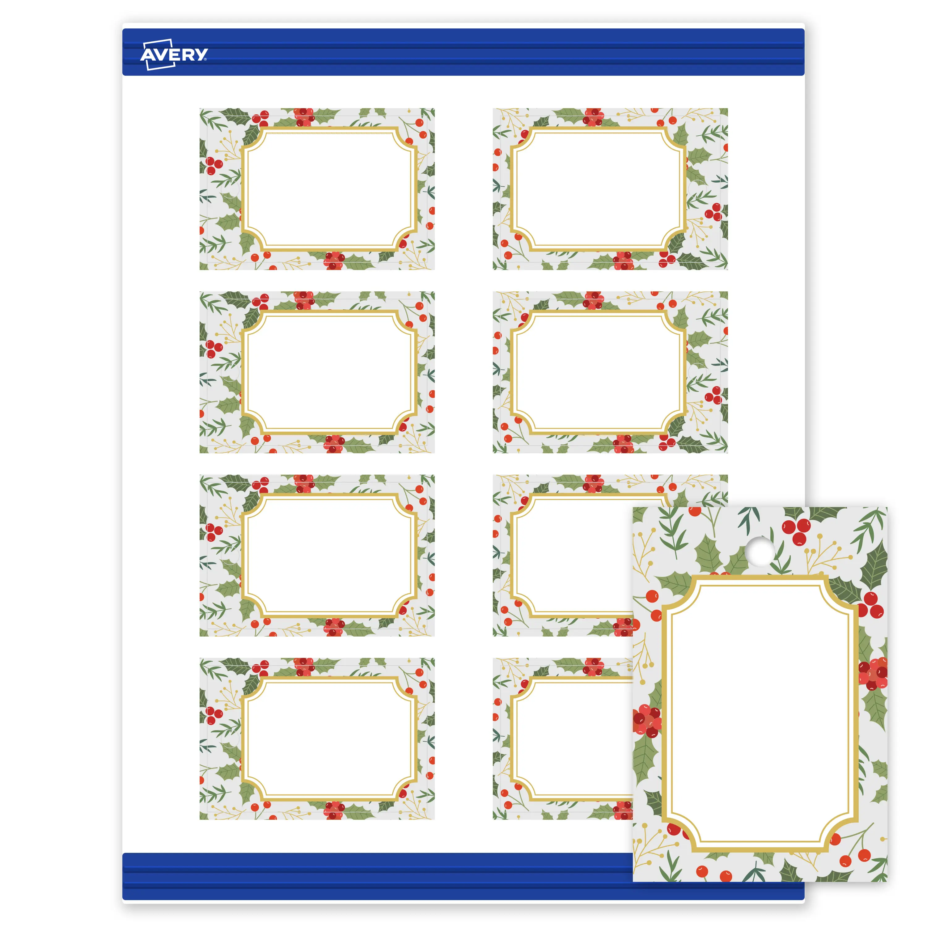 Avery® Printable Christmas Rectangle Tags, 2" x 3", Matte White, Pre-printed Blue Border/Metallic Gold Frame Design, Sure Feed® Technology, Laser & Inkjet Compatible, 160 Total