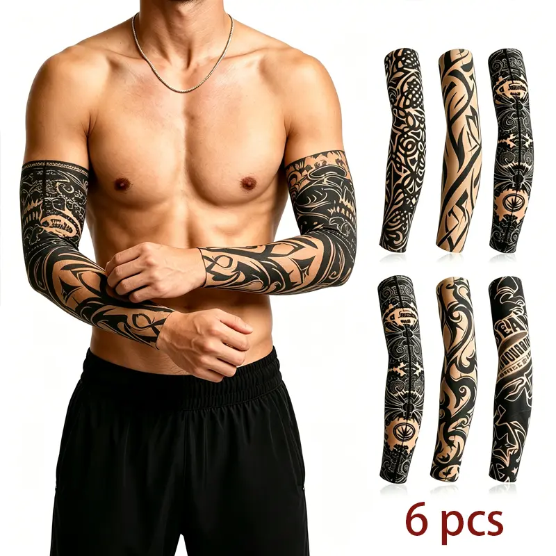 6 Pcs Tattoo Arm Sleeves for Men Women, UV Protection Cooling Stretch Breathable Fake Tattoo Sun Arm Covers for Outdoor Sports Cycling Running Fishing Basketball Golf Driving