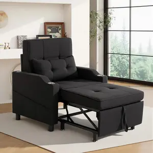 Modern Pull Out Sleeper Recliner Chair - Single Indoor Living Room Armchair Sofa with Adjustable Backrest, Pillow, USB Port, Cup Holder, Side Pocket for Bedroom