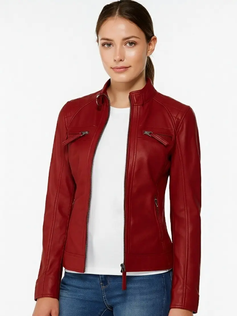 Zulin Red Diamond Classic Cafe Racer Lambskin Leather Jacket for Women Long Sleeve Zipper Front & Pockets Fashionable & Functional Women's Wear winter jacket