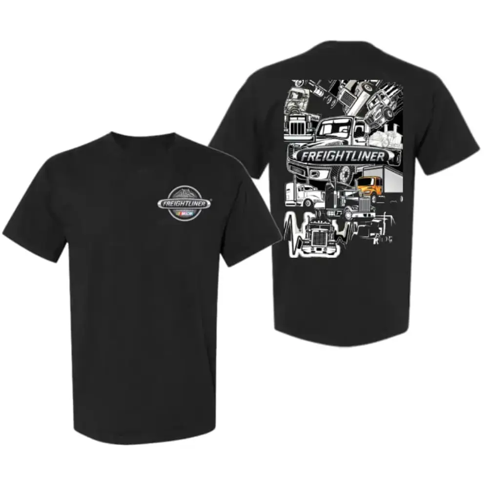 Freightliner Truck T-Shirt, Classic Big Rig Collage Semi Truck Graphic, Freightliner Logo Workwear Shirt for Diesel Mechanics & Truck Drivers, Gift for Trucker Lifestyle & Semi Fans