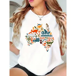 Women's Australia Map Graphic T - Shirt, Kangaroo Koala Sydney Opera House Harbour Bridge Print, Casual Travel Vacation Top for Australia Day & Culture Enthusiasts 100% Cotton T-shirt