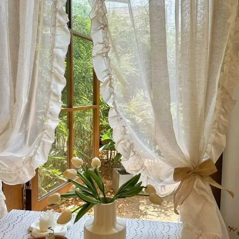 1pc French Ruffle Linen Curtain, Solid Color Coffee Drapes, Minimalist Style Balcony Window Treatment, Korean Half Curtain Divider, Home Decoration Curtain