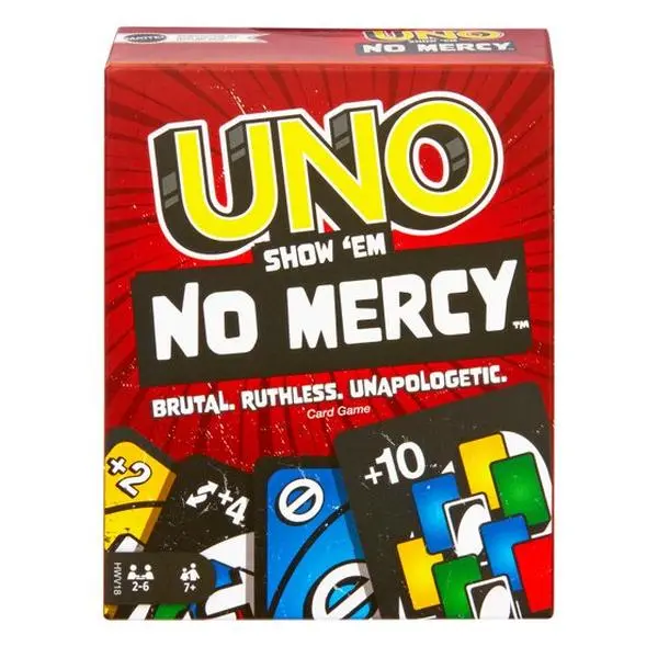 UNO Show ‘em No Mercy Brutal-Play Card Game (56 Cards, Mercy Rule) for 6-8 Years, Ages 7+, Kids Teens and Adults, Family Night Gathering All-Season Toys & Hobbies Entertainment