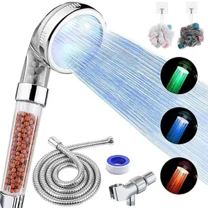 LED Shower Head with Handheld, High Pressure Shower Head with Hose, Holder & PTFE Tape etc, 3 Water Temperature-Controlled Water Saving