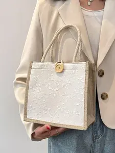 Mini Women's Tote Bag, Trendy Handbag, Fashionable Handbag, Foldable Linen Shopping Bag with Sturdy Durable Handles and Buckle Closure, Suitable for Shopping, Travel, Floral Textured Fabric, A Perfect Valentine's Day or New Year's Gift