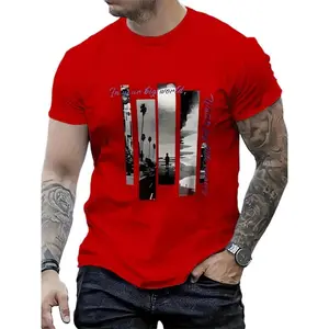 Men'S Stylish Red Graphic T-Shirt - , Short Sleeve Crew Neck, Comfort Fit for All Seasons, Casual Streetwear with Palm Tree & "In Your Big World" Design, Everyday Tshirt|     Bold Graphic Tee|     Smooth Texture Fabric graphic tee