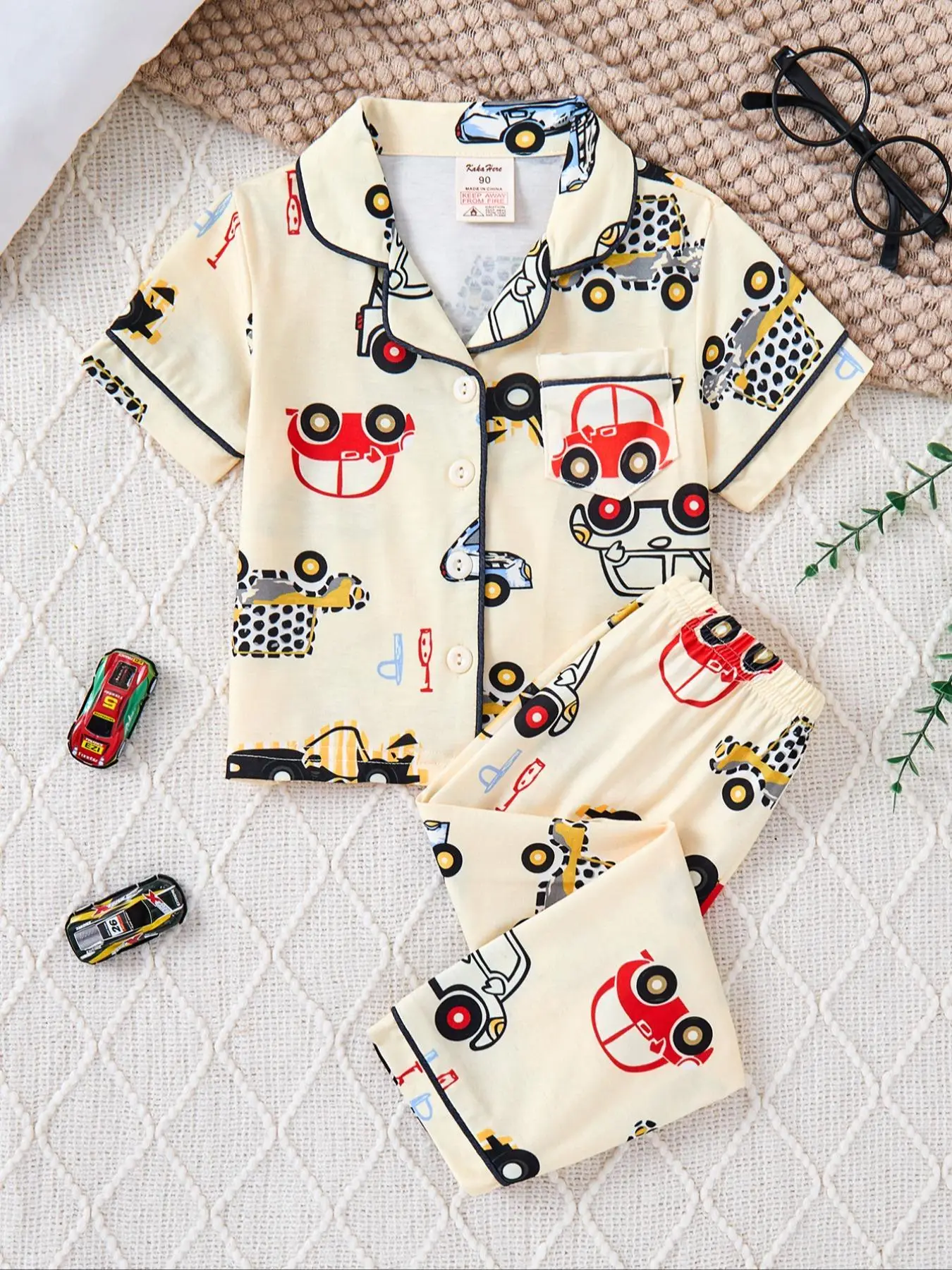 Boy's Cartoon Car Print Contrast Binding Pajama Two-Piece Set, Cute Casual Comfy Short Sleeve Button Up Top & Pants PJ Set, Boys Sleepwear for Spring