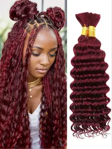 Burgundy Braiding Hair 100g, Deep Water Wave 2 Bundle, Bulk Human Hair for Braiding, Brazilian Virgin Auburn Curly, Boho Braids, 99j