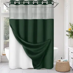 No Hook Shower Curtain and Liner Set,Dark Green Hotel Waffle Shower Curtain for Bathroom 75" L x 58" W