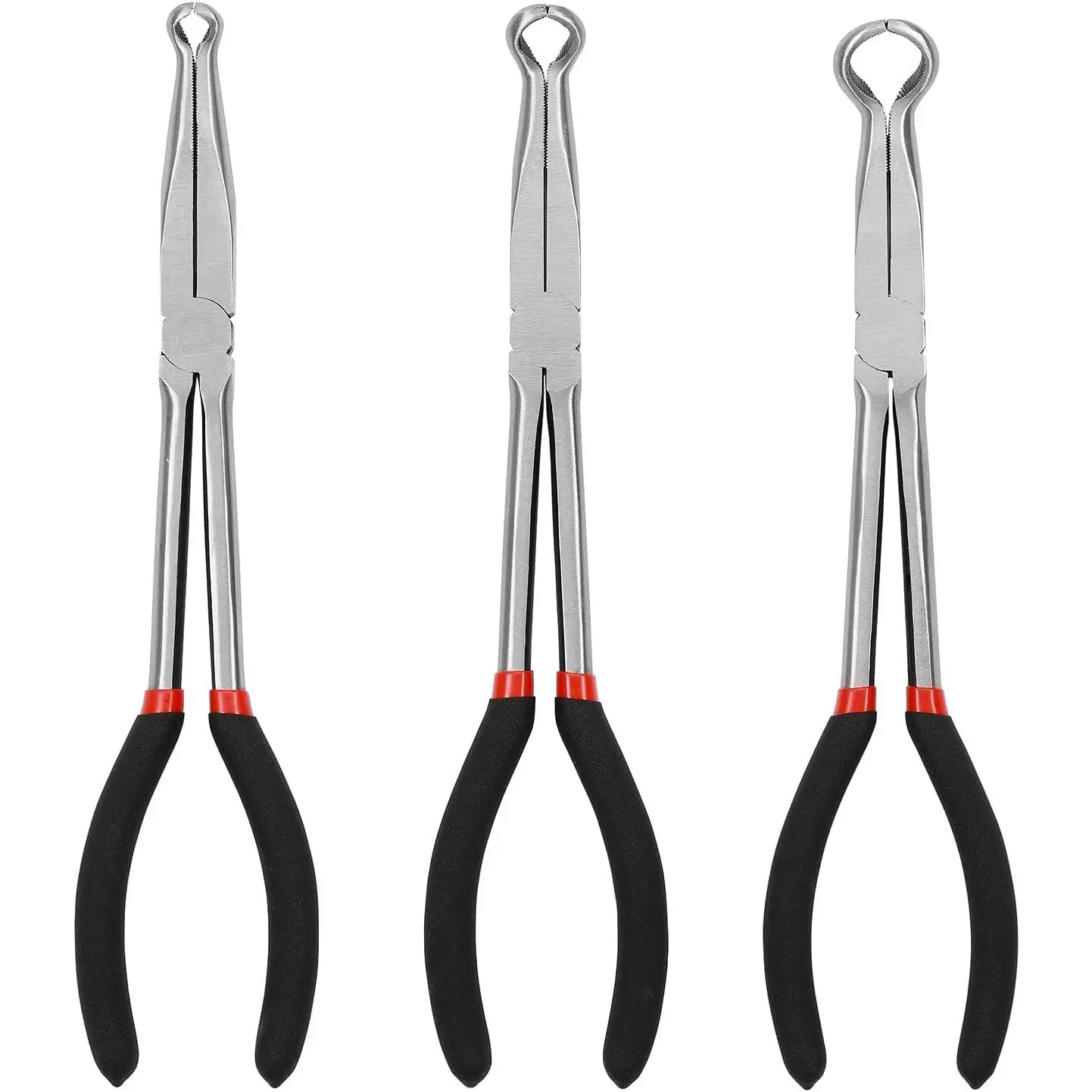 3 count 11" Long Reach Hose Grip Pliers Set, 5/16 Inch, 1/2 Inch, 3/4 Inch Ring Nose Hose Gripper Pliers Kit, Carbon Steel Offset Spark Plug Boot Removal Pliers for Narrow Space