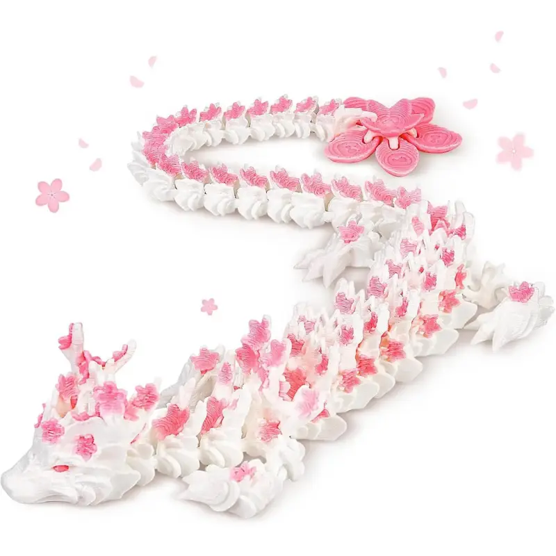 zhancydea Pink Cherry Blossom 12in 3D Printed Articulated Dragon Statue - Fidget Toy, Desk Decor, Room Ornaments, Fantasy Collectible Gift for Girls, Nature