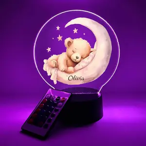 Pink Night Time Teddy Bear, LED Night Light Birthday Gifts For Toddlers, kids, Baby, Newborn, Girl, Christmas Present, Baby Shower, Bedroom Decor, FREE Personalization, 16 Color Options light with remote included, Made in USA, Push Gift Nursery Decoration