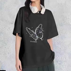 Black Oversized T-Shirt with Purple & White Butterfly Print Halter Open Back Impact Sports Bra