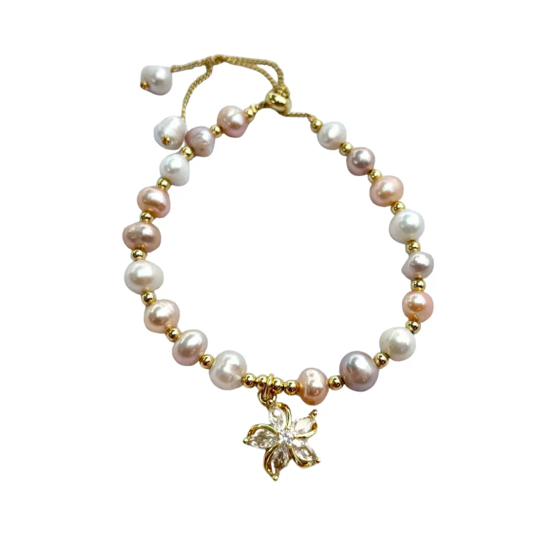 Natural Freshwater Pearl Bracelet – Adjustable Gold Plated Flower Charm Jewelry