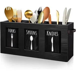 Wood Flatware Organizer, Rustic Utensil & Silverware Holder for Forks, Spoons, Knives, Farmhouse Kitchen Cutlery Caddy Bin Countertop - Black