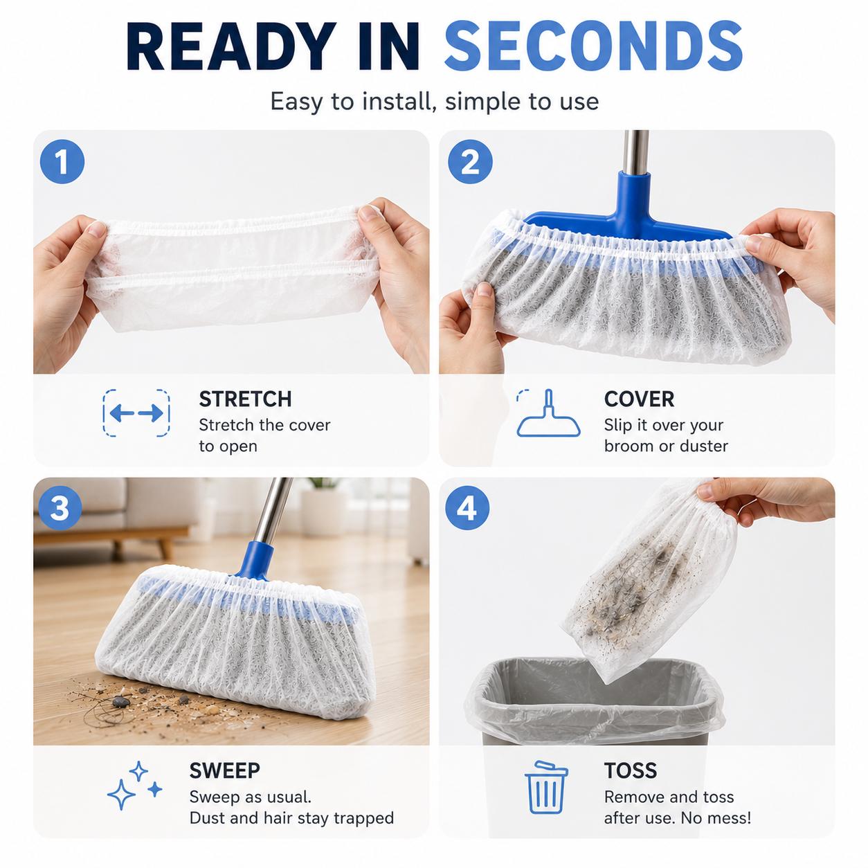 Comparison of hair tangled in an uncovered broom and debris collected inside a disposable broom cover