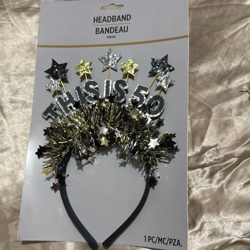 Vincha 50th Birthday Headband Bandeau with Sparkling Stars and Tinsel for Festive Celebrations