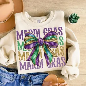 [Sale off up to 50%] Mardi Gras Coquette Tee Sweatshirt, Retro Mardi Gras, Fleur De Lis, Glitter, King Cake, Louisiana Crawfish, Coquette Bow Shirt, Graphic Streetwear shirt